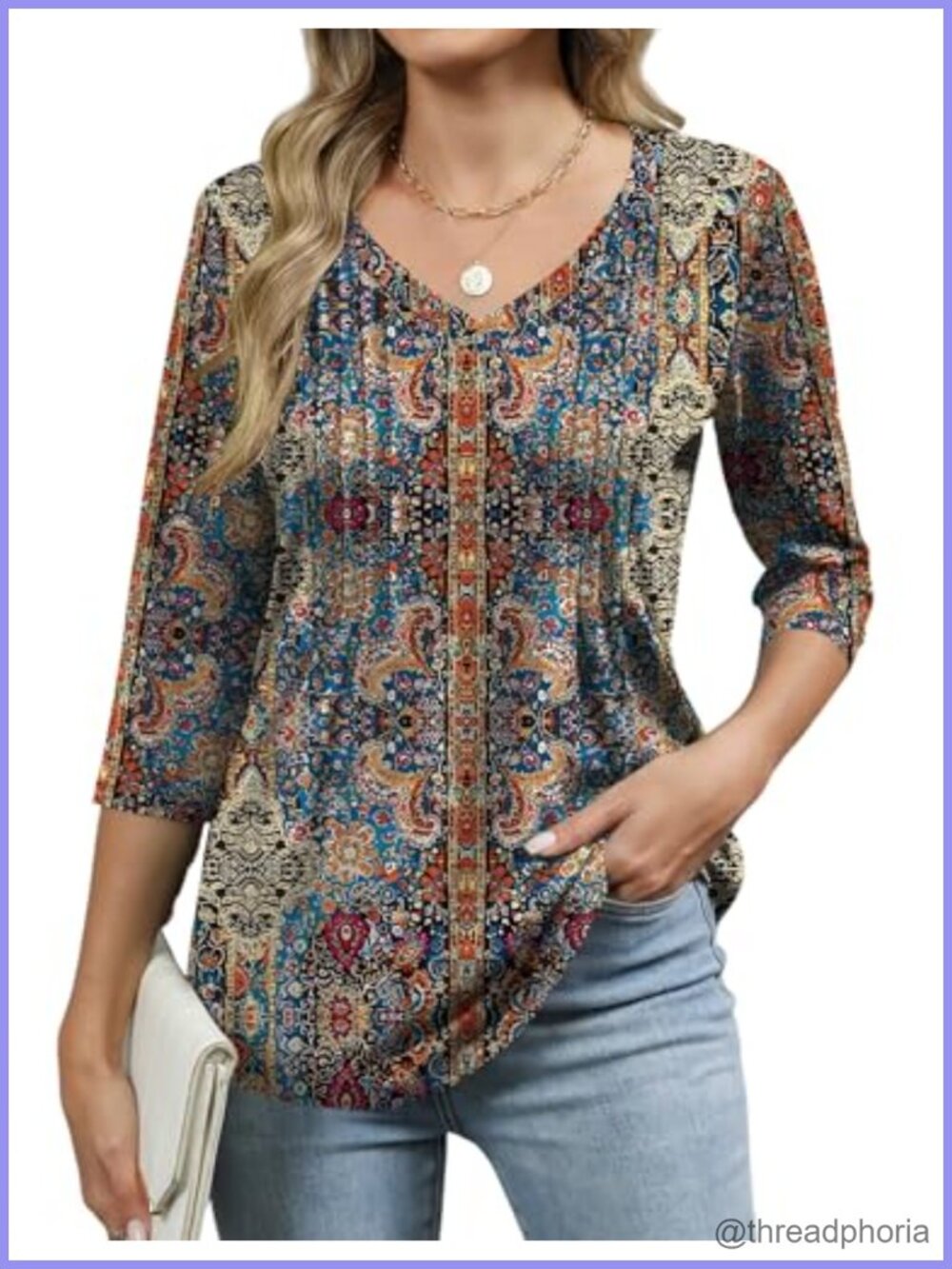 Women's 3/4 Sleeve Pleated V-Neck Blouse Tunic Top Casual